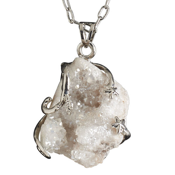Necklace, electroplated druzy agate (coated) and imitation rhodium-plated brass, white, 30x20mm-38x28mm hand-cut wire-wrapped freeform, 20 inches with 2-1/2 inch extender chain and lobster claw clasp. Sold individually. image number 0