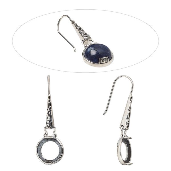 Earring fishhook 1pkg2 sterling silver, 42.5mm / fancy dot design / 12mm round 2-prong open back cab setting, 20 gauge antiqued 1 pair image number 0