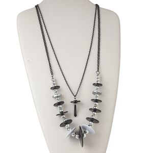 Necklace, acrylic and steel, white / silver / black, 20-44mm graduated flat round, 27-inch continuous loop. Sold individually.