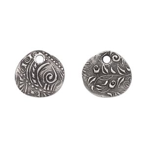 Drop, TierraCast®, "Vida Mas Dulce" collection, antiqued pewter (tin-based alloy), 15x14mm two-sided oval with jardin design. Sold per pkg of 20.