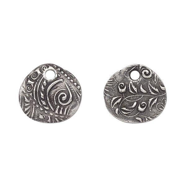 Drop, TierraCast®, "Vida Mas Dulce" collection, antiqued pewter (tin-based alloy), 15x14mm two-sided oval with jardin design. Sold per pkg of 20. image number 0