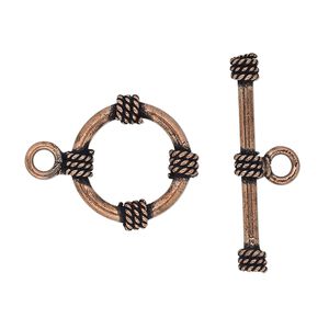 Clasp toggle 1pkg4, 18mm round, antiqued copper 1-strand