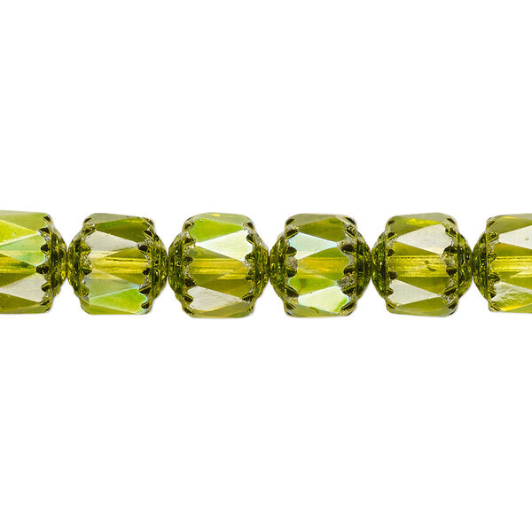 Bead, Czech dipped décor glass, lime green Apollo AB, 8mm round cathedral. Sold per 15-1/2" to 16" strand. image number 0