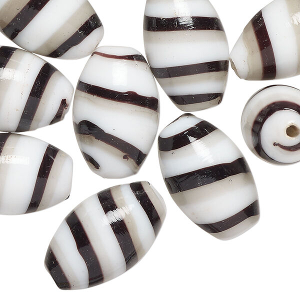 Bead, lampworked glass, opaque black / grey / white, 20x11mm oval. Sold per pkg of 10. image number 0