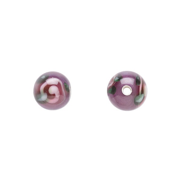 Bead, Czech lampworked glass, opaque purple / pink / green, 8-9mm round with flower design. Sold per pkg of 6. image number 0