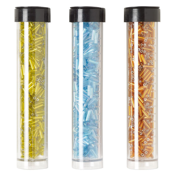 Bugle bead mix, Ming Tree™, glass, transparent and translucent light amber yellow / dark orange / aqua, 1/4 inch. Sold per pkg of (3) 4 x 3/4 inch vials, approximately 2,000 beads. image number 0