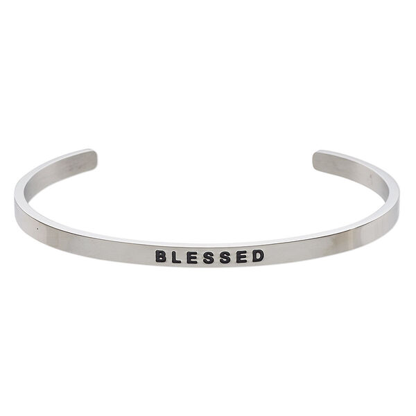 Bracelet, Everyday Jewelry, cuff, stainless steel, 4mm wide with "BLESSED," 8 inches. Sold individually. image number 0