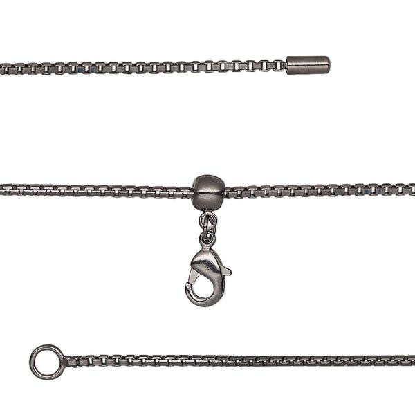 Chain, silicone and black-finished brass, 1.2mm box, adjustable from 16 to 23-1/2 inches with lobster claw clasp and adjustable slider bead. Sold individually. image number 0