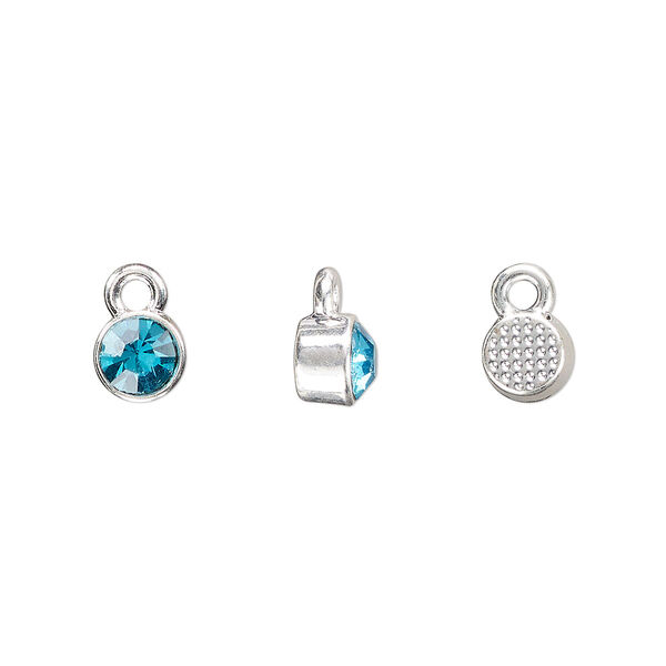 Drop, silver-finished "pewter" (zinc-based alloy) and glass rhinestone, aqua blue, 6mm faceted round, March birthstone. Sold per pkg of 10. image number 0