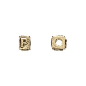 Bead, antique gold-plated pewter (tin-based alloy), 8x6mm rectangle with alphabet letter "P." Sold per pkg of 4.