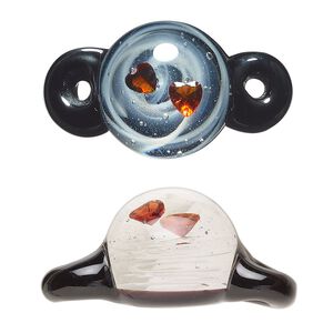 Link, lampworked glass, multicolored, 20mm round with 2 hearts. Sold individually.