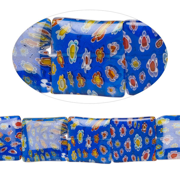 Bead, millefiori glass, translucent cobalt blue and multicolored, 18mm puffed square. Sold per 15-inch strand, approximately 20 beads. image number 0