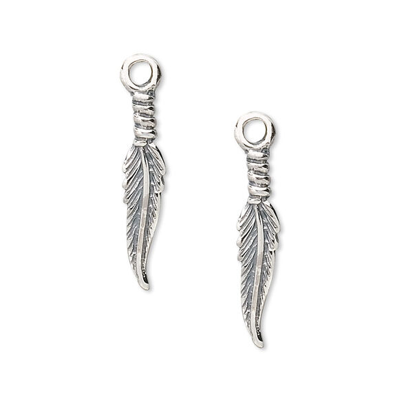 Charm, sterling silver, 20x4mm double-sided feather. Sold per pkg of 2. image number 0