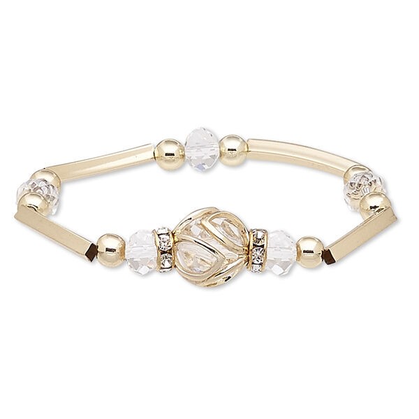 Bracelet, stretch, glass / glass rhinestone / gold-coated plastic / gold-finished steel / "pewter" (zinc-based alloy), clear, 15mm wide with round, 6-1/2 inches. Sold individually. image number 0