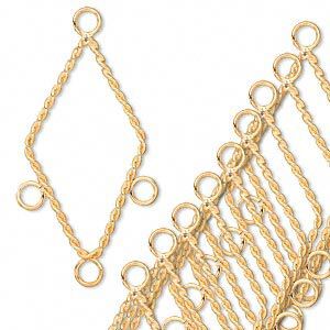 Connector, gold-plated brass, 30x17mm twisted diamond with 3 loops. Sold per pkg of 10.
