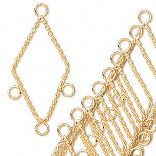 Connector, gold-plated brass, 30x17mm twisted diamond with 3 loops. Sold per pkg of 10. image number 0