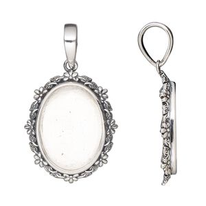 Pendant, antiqued sterling silver, 24.5x20mm oval with flower and leaves design and 18x13mm oval bezel setting. Sold individually.
