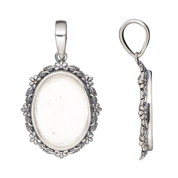 Pendant, antiqued sterling silver, 24.5x20mm oval with flower and leaves design and 18x13mm oval bezel setting. Sold individually. image number 0
