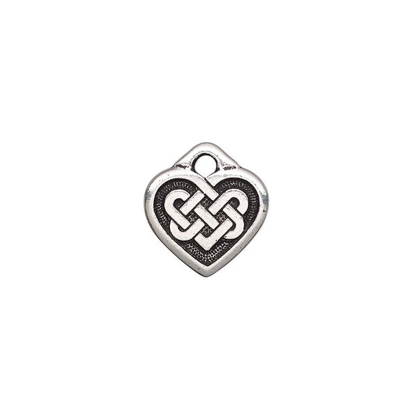 Charm, TierraCast®, antique silver-plated "pewter" (tin-based alloy), 13x12mm double-sided heart with Celtic knot. Sold per pkg of 20. image number 0