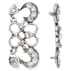 Spacer, antique silver-plated "pewter" (zinc-based alloy) and Czech glass rhinestone, clear, 40x19mm 2-strand fancy rectangle. Sold per pkg of 4.