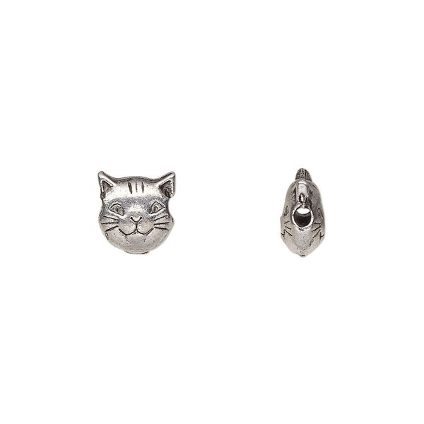 Bead, pewter (tin-based alloy), pkg/1, antiqued, 8mm cat face. image number 0