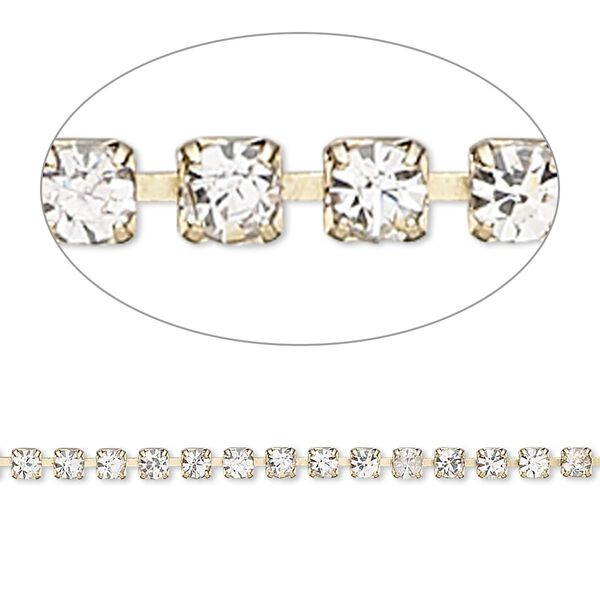 Cupchain, glass rhinestone and gold-finished brass, clear, 2mm round. Sold per pkg of 1 meter, approximately 320 cups. image number 0