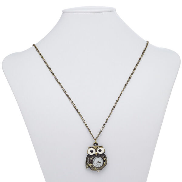 Necklace, enamel / plastic / stainless steel / antique brass-plated steel / "pewter" (zinc-based alloy), black / white / clear, 38x31mm owl watch, 28 inches with lobster claw clasp. Sold individually. image number 0