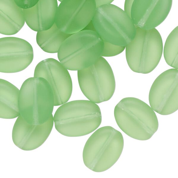 Bead, Czech pressed glass, translucent matte green, 12x9mm puffed oval. Sold per 1-ounce pkg, approximately 45 beads. image number 0