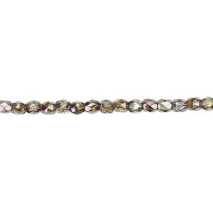 Bead, Czech fire-polished glass, transparent peridot green luster, 3mm faceted round. Sold per pkg of 1,200 (1 mass).