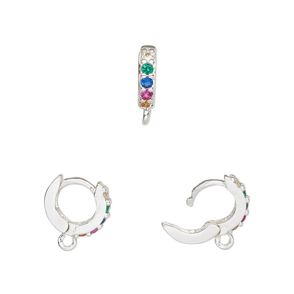 Hoop, silver-finished brass / glass / cubic zirconia, multicolored, 11mm hoop, 18 gauge. Sold per pair. image number 0
