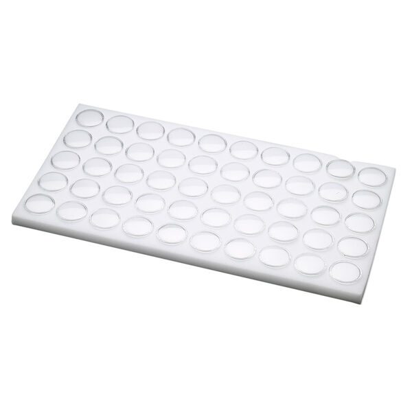 Display insert, faceted gems, foam and acrylic, white and clear, 14 x 7-3/4 x 3/4 inches with (50) 1-1/8 x 3/4 inch reclosable vials, fits standard full tray. Sold individually. image number 0