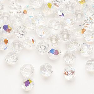 Bead, Czech fire-polished glass, pkg/100, clear AB, 6mm faceted round.