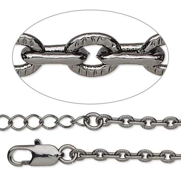 Chain, gunmetal-plated brass, 3mm textured cable, 36 inches with lobster claw clasp and 1 to 3 inches extender chain. Sold individually. image number 0