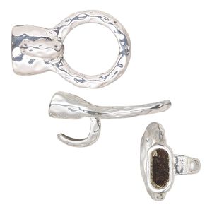 Clasp hook 1pkg2 "pewter" (zinc alloy), 33x22mm hammered / 14mm ring / fits 10x4.5mm cord, silver-finished 1-strand