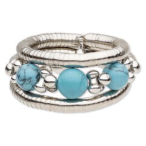 Bracelet, magnesite (dyed / stabilized) / steel memory wire / silver-coated plastic / silver-plated steel, blue, 35mm wide spiral, 7-1/2 inch adjustable. Sold individually.
