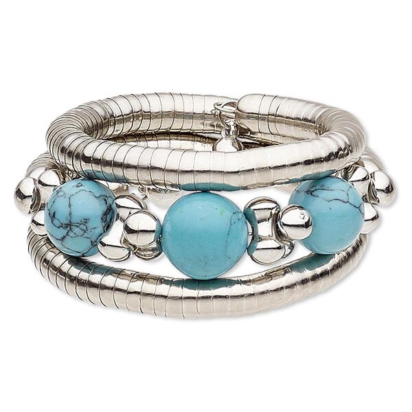 Bracelet, magnesite (dyed / stabilized) / steel memory wire / silver-coated plastic / silver-plated steel, blue, 35mm wide spiral, 7-1/2 inch adjustable. Sold individually. image number 0