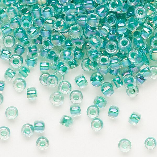 Seed bead, Dyna-Mites™, glass, transparent rainbow inside color sea foam, #6 round. Sold per 40-gram pkg. image number 0