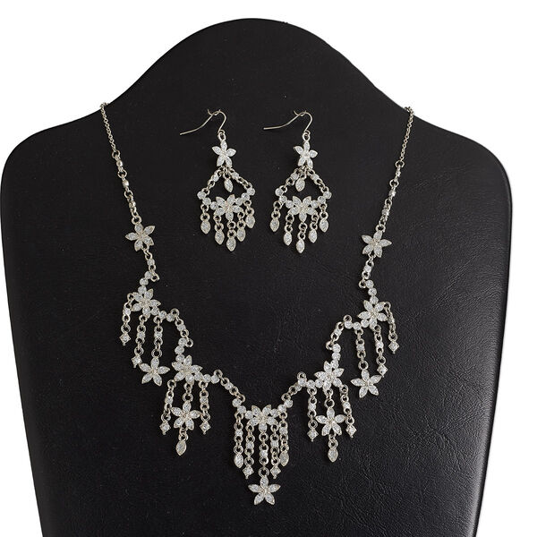 Necklace and earring set, epoxy and rhodium-finished "pewter" (zinc-based alloy), white with glitter, flower, 18-inch necklace with 3-inch extender chain and lobster claw clasp, 2-1/2 inch earrings with fishhook ear wire. Sold per set. image number 0
