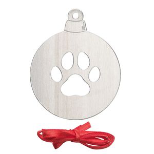 Ornament, ImpressArt®, aluminum and polyester, 2-1/2 x2 inch ball with cutout paw print with ribbon. Sold per pkg of 3.