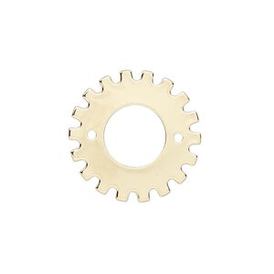 Component, gold-finished steel, 21mm gear with 12-14mm rivoli setting and 2 holes, 9.5mm center hole. Sold per pkg of 6.