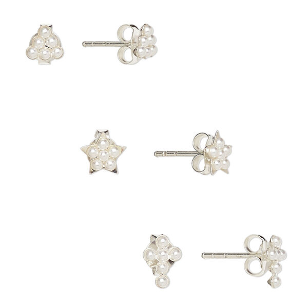 Earstud, glass pearl and sterling silver, white, 5mm triangle / 6.5x6mm star / 7x5.5mm cross with post. Sold per pkg of 3 pairs. image number 0