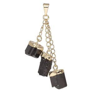 Pendant, Everyday Jewelry, gold-plated brass and black tourmaline (natural), (3) 49-51mm dangling points. Sold individually.