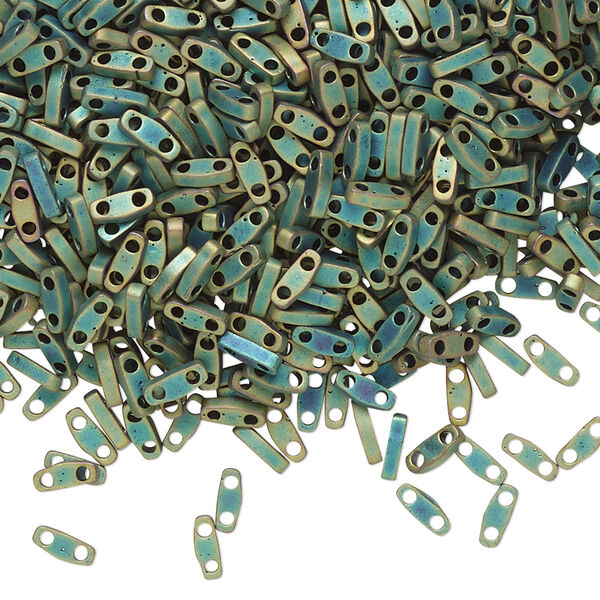 Seed bead, TILA®, glass, pkg/5g, 5x1.2mm quarter tila rectangle, opaque matte metallic iris green patina, (QTL-2008). image number 0