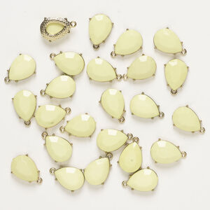 Drop 1pkg24, antique gold-finished metal and acrylic, neon yellow, 21x15mm-22x15mm teardrop.