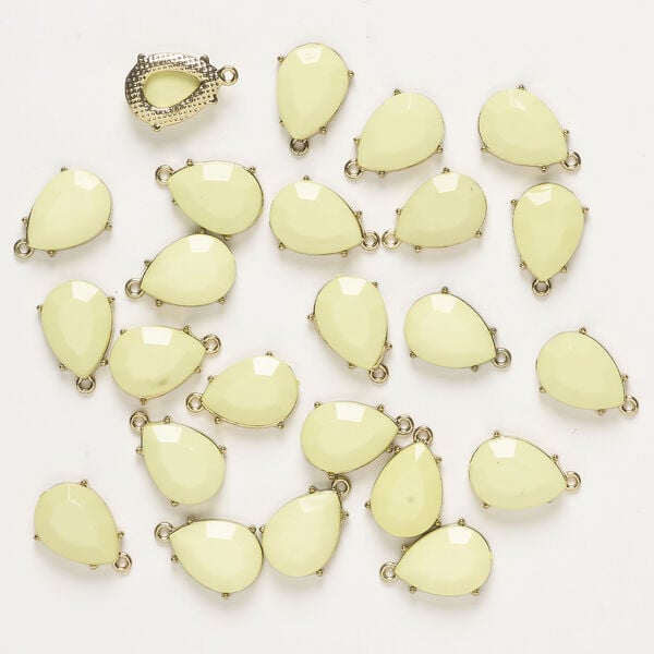 Drop 1pkg24, antique gold-finished metal and acrylic, neon yellow, 21x15mm-22x15mm teardrop. image number 0