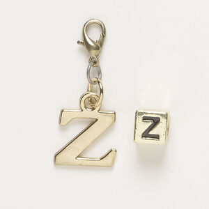 Bead and charm 1pkg2, antique gold-finished "pewter" (zinc-based alloy) and steel / enamel, black, 7mm cube with alphabet letter "Z" and 13x12mm alphabet letter "Z" with lobster claw clasp.