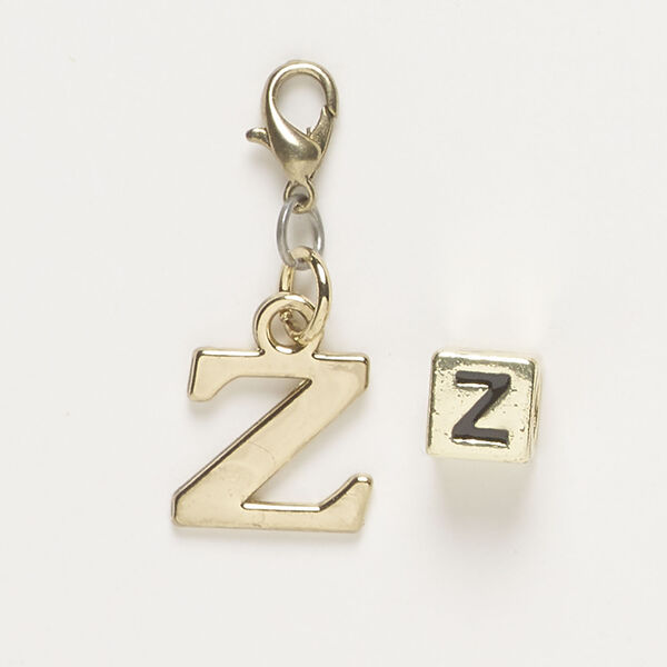 Bead and charm 1pkg2, antique gold-finished "pewter" (zinc-based alloy) and steel / enamel, black, 7mm cube with alphabet letter "Z" and 13x12mm alphabet letter "Z" with lobster claw clasp. image number 0