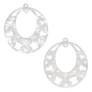 Focal, resin, white, 40x38mm oval go-go with flowers and loop. Sold per pkg of 2.