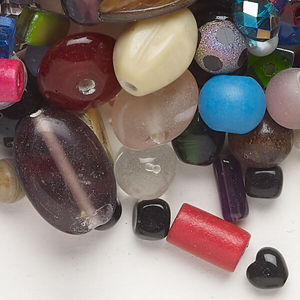 Bead mix 1pkg1, mother-of-pearl shell (natural / dyed) / glass / wood, silver- / antique gold- / antique silver-finished and mixed colors, 3-25x14mm mixed shapes, 8 ounce. image number 0