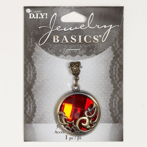 Pendant, antique brass-finished "pewter" (zinc-based alloy) and glass, red, 33mm faceted round with star and swirls. Sold individually. image number 0